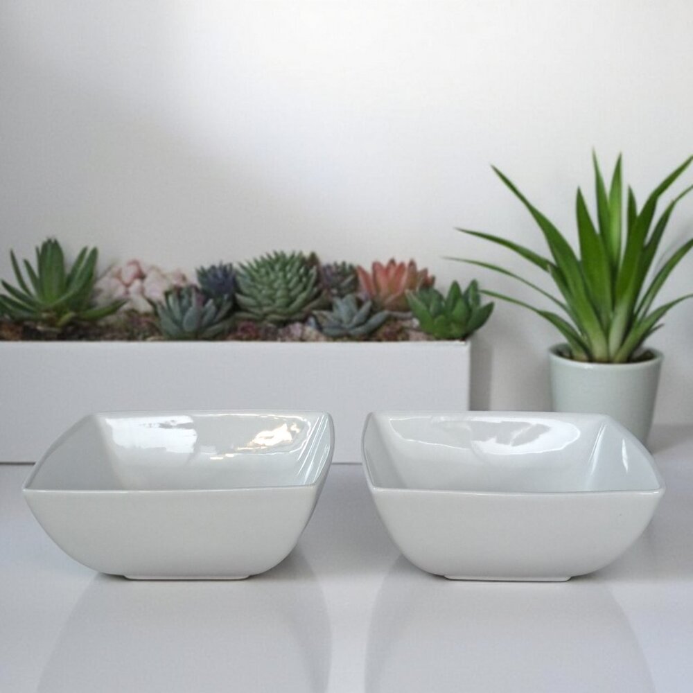 Set of 2 Over and Back White Porcelain Maison Square Cereal Bowls 6 1/4"…